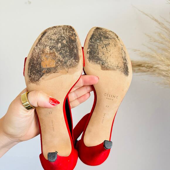 CELINE PARIS Italy Red Suede Gold Stiletto Ankle Strap High Heel Sandals 37 - Picture 4 of 14